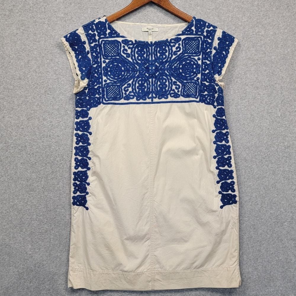 MADEWELL Casita Shift Dress Blue Embroidered Ivory Sz Medium Boho Vacation